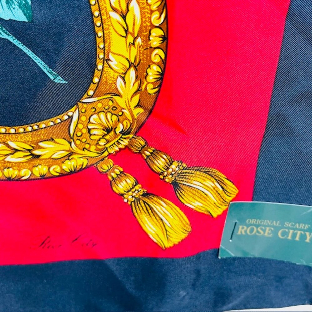 New with Tag On ROSE CITY 100% Silk Satin Lg 34" Black Red Green Gold Floral (14 - Picture 9 of 11